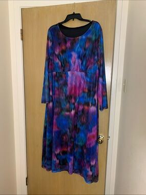 PLUS SIZE 4X Long Sleeve Multicolor Tie-Dye MESH Women's Dress - Blue & Purple